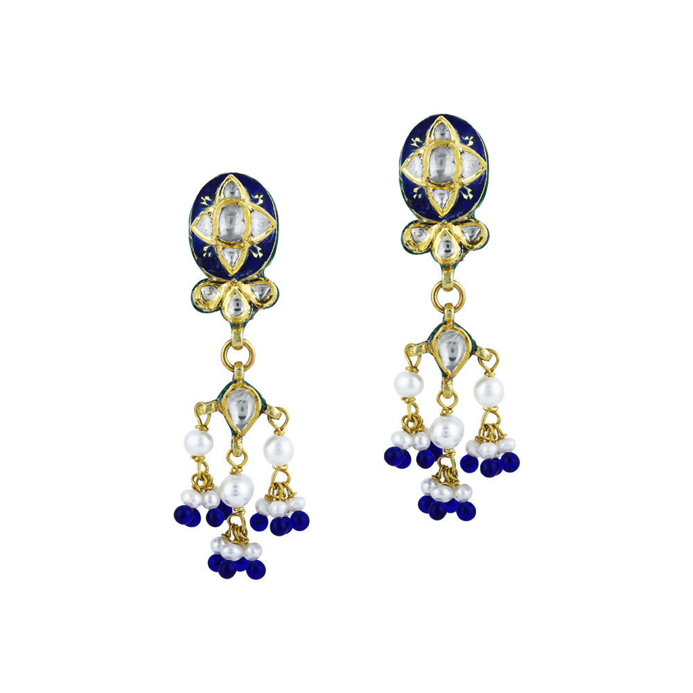 Polki Earrings with Blue Enamel, Pearl, and Blue Bead Drops